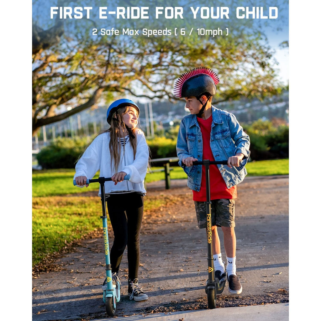 FanttikRide C9 kids electric scooter in blue with two children riding. Features 2 safe speeds: 6 and 10mph.
