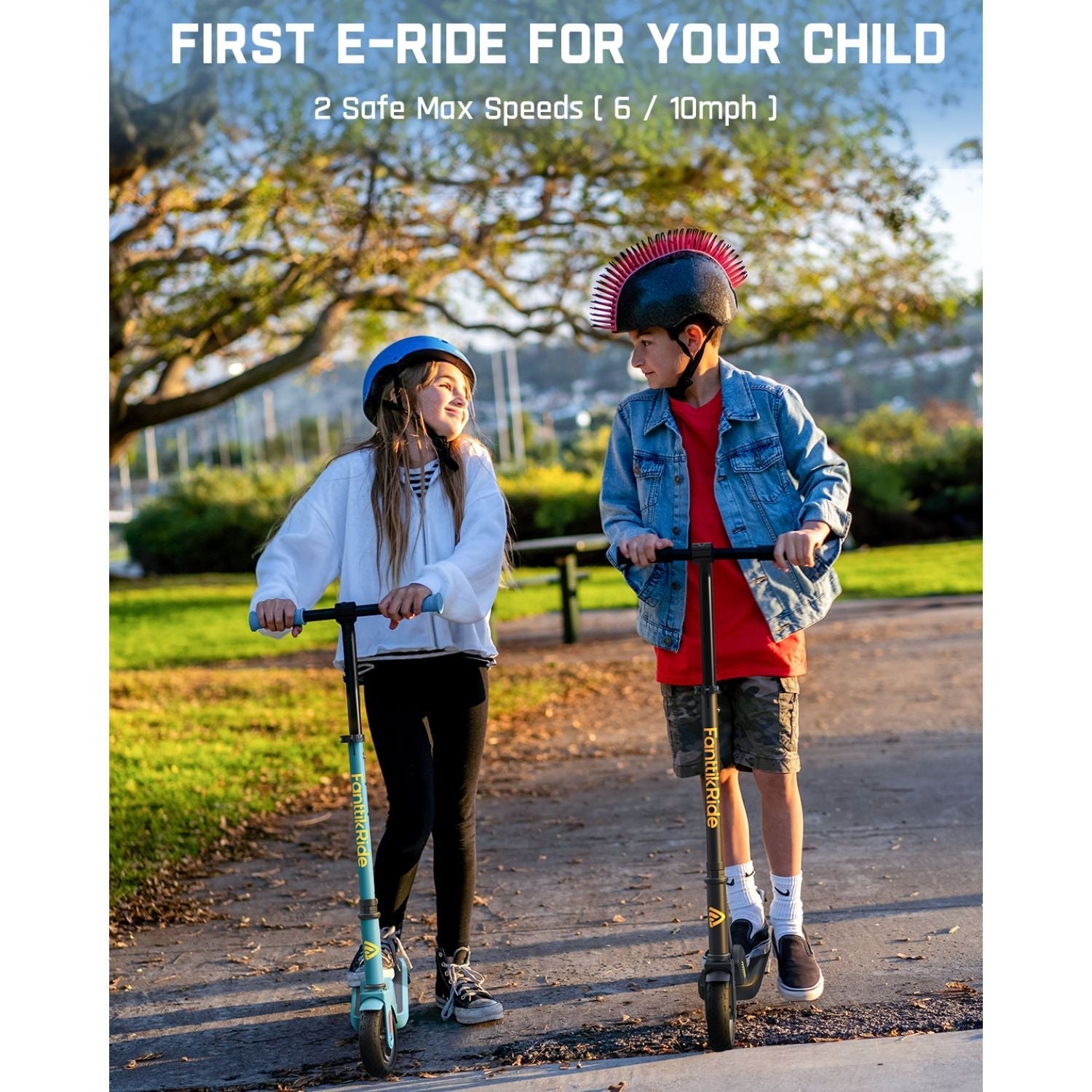 FanttikRide C9 kids electric scooter in blue with two children riding. Features 2 safe speeds: 6 and 10mph.