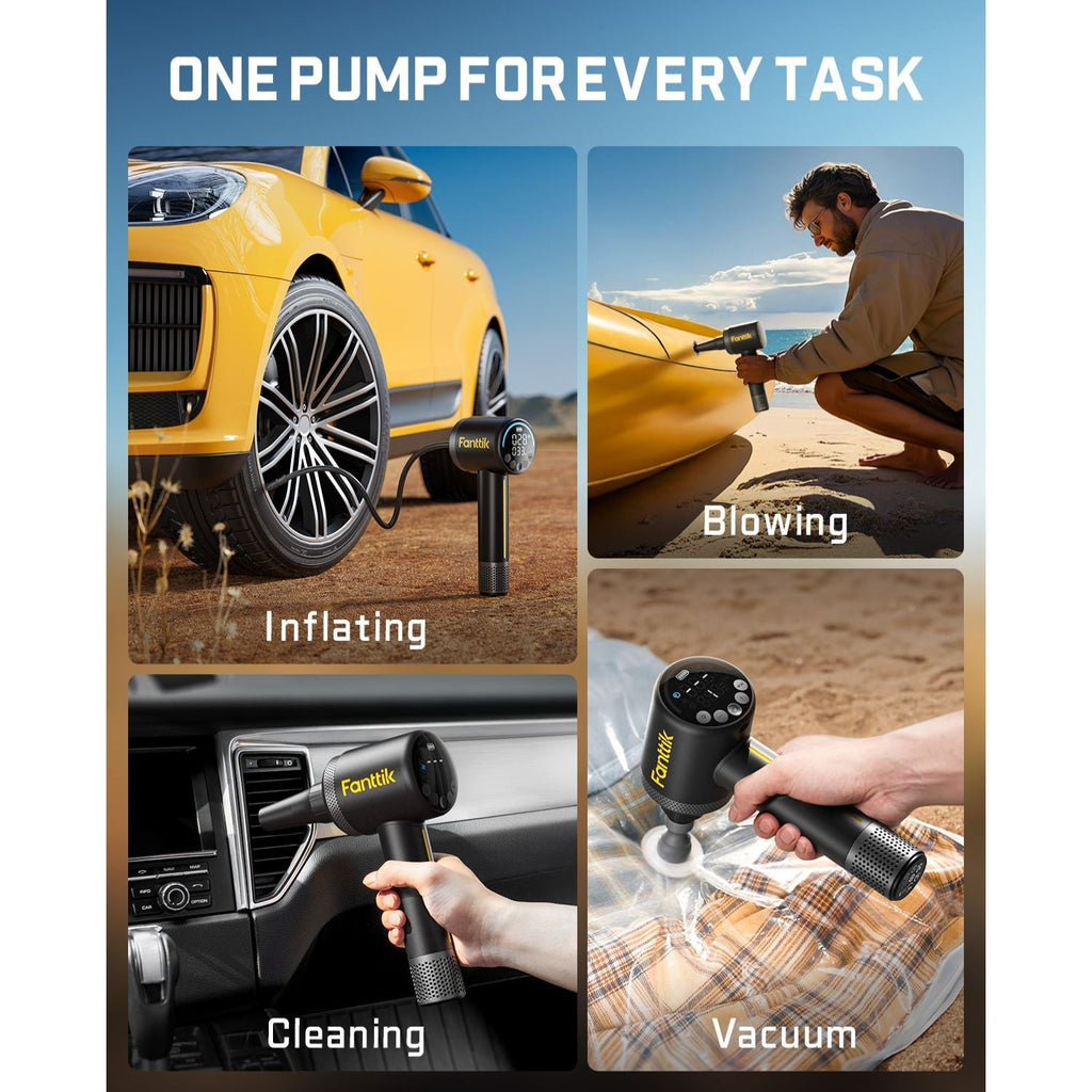 Fanttik X9 Classic tire inflator: inflating car tire, blowing boat, cleaning car interior, vacuuming storage bag.
