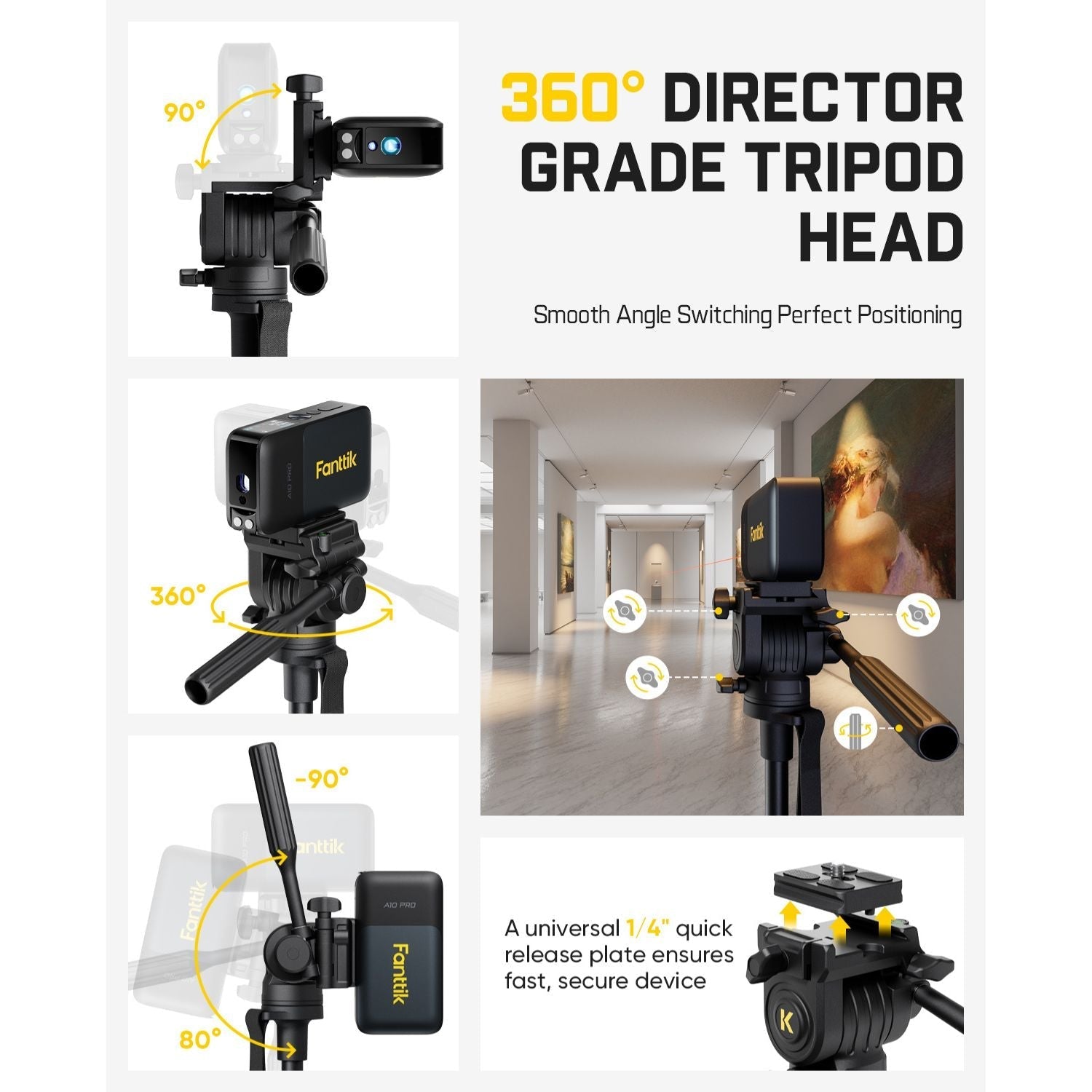 Fanttik DT10 Pro tripod head with 360° pan, tilt, and quick-release plate for laser levels.