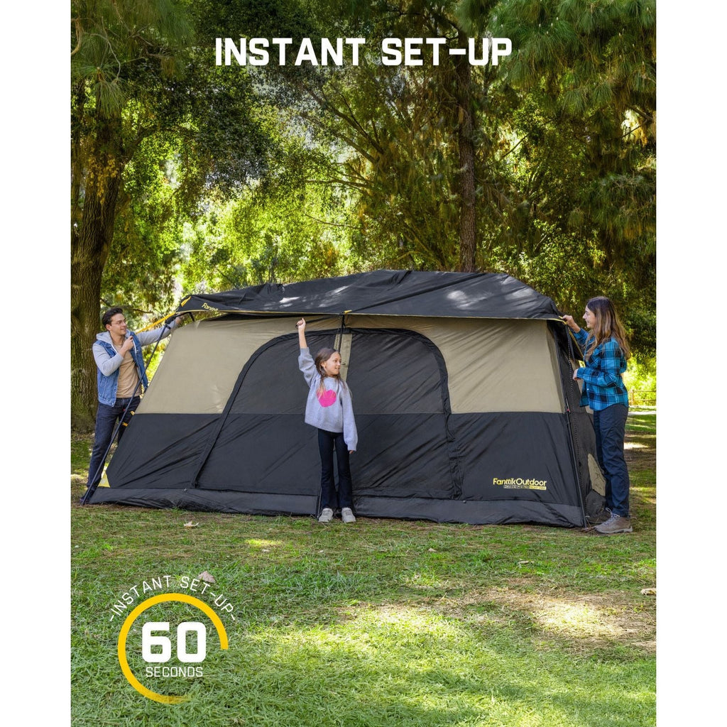 FanttikOutdoor Zeta C10 Pro Max 10 person instant camping tent being set up in 60 seconds.