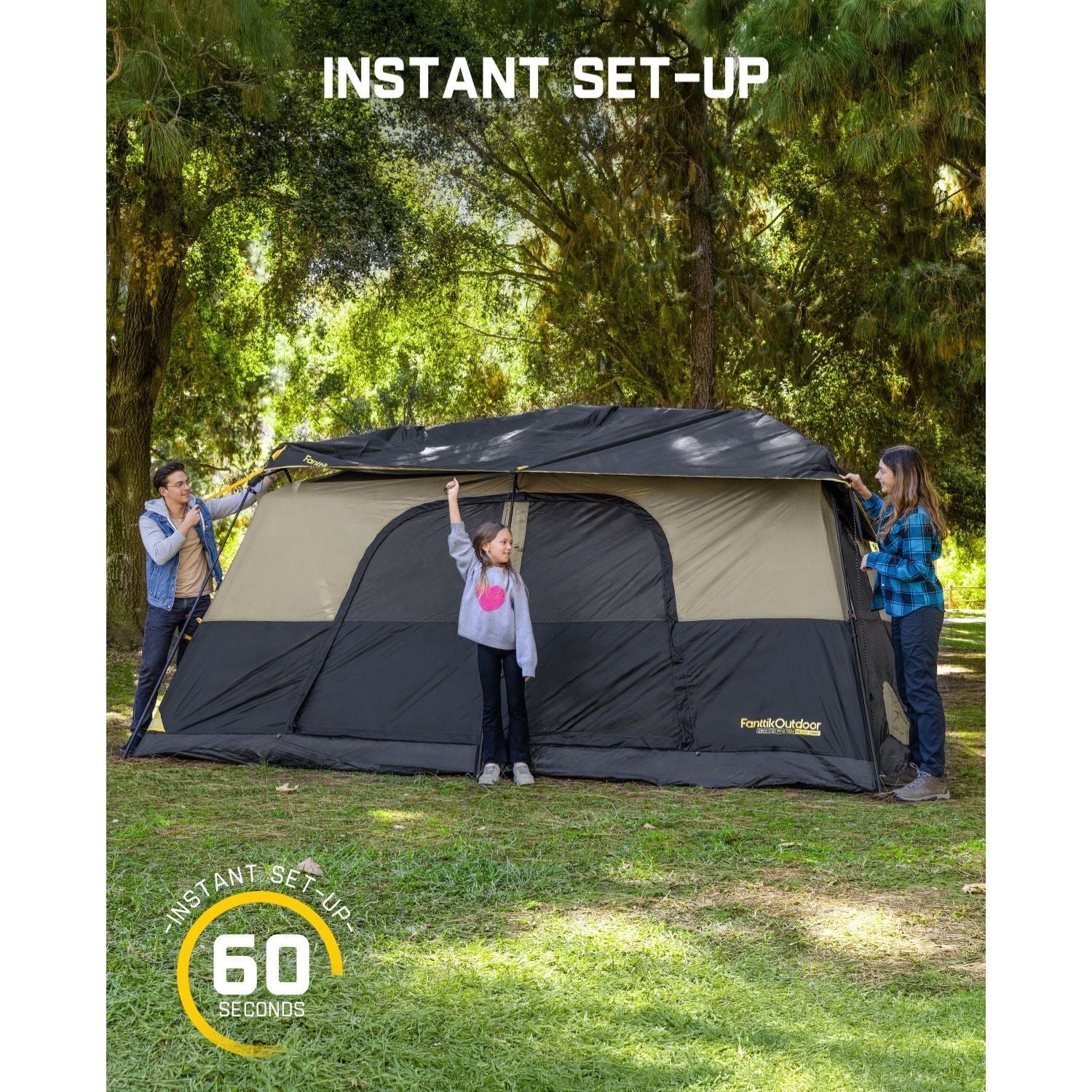 FanttikOutdoor Zeta C10 Pro Max 10 person instant camping tent being set up in 60 seconds.