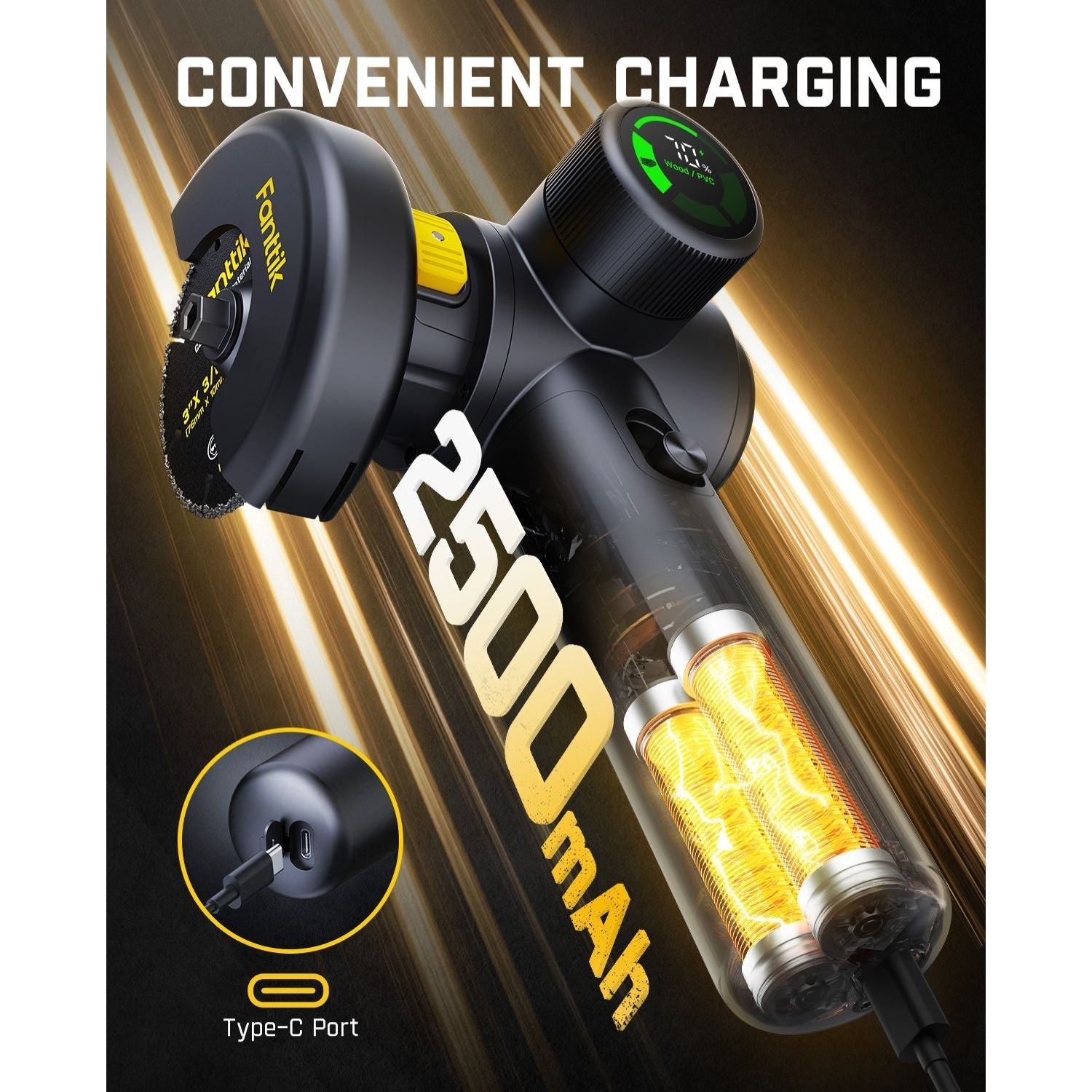 Fanttik M10 ACE cordless angle grinder with 2500mAh battery, Type-C charging, and LED display showing 70% charge.