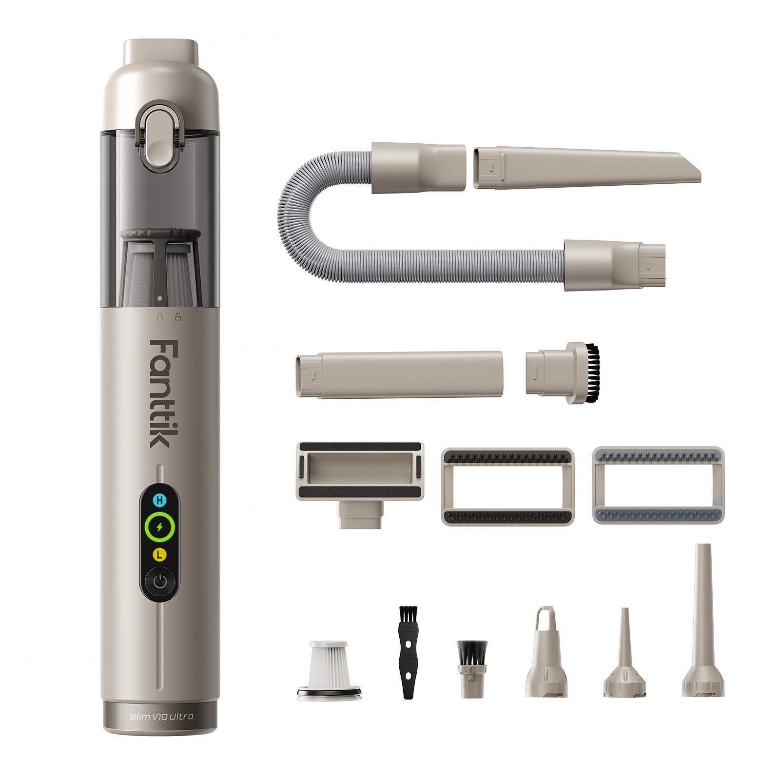 Fanttik Slim V10 Ultra Cordless Car Vacuum-Brown with various attachments on a white background