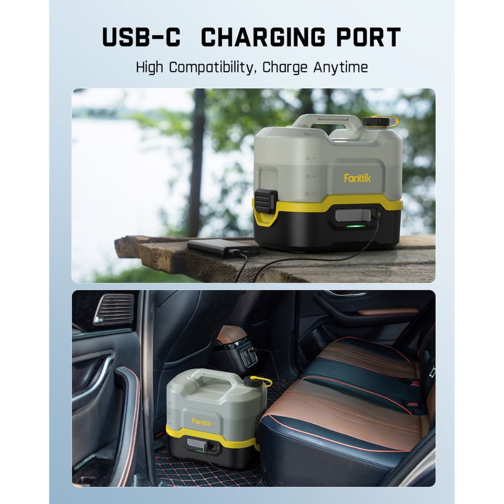 Fanttik NB8 Nano portable pressure washer charging via USB-C port, both outdoors and in a car