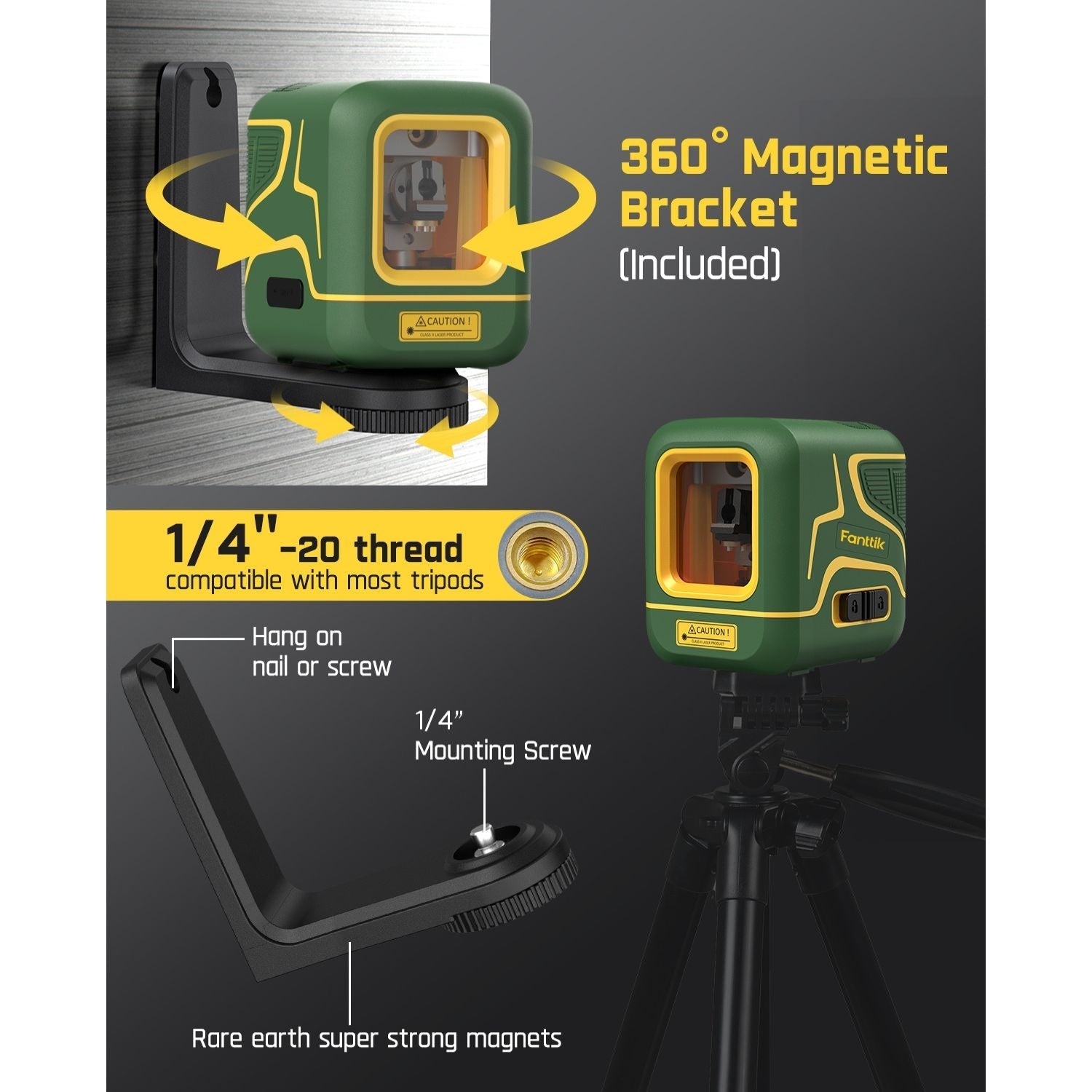 Fanttik D2 laser level with 360° magnetic bracket and 1/4"-20 tripod mount