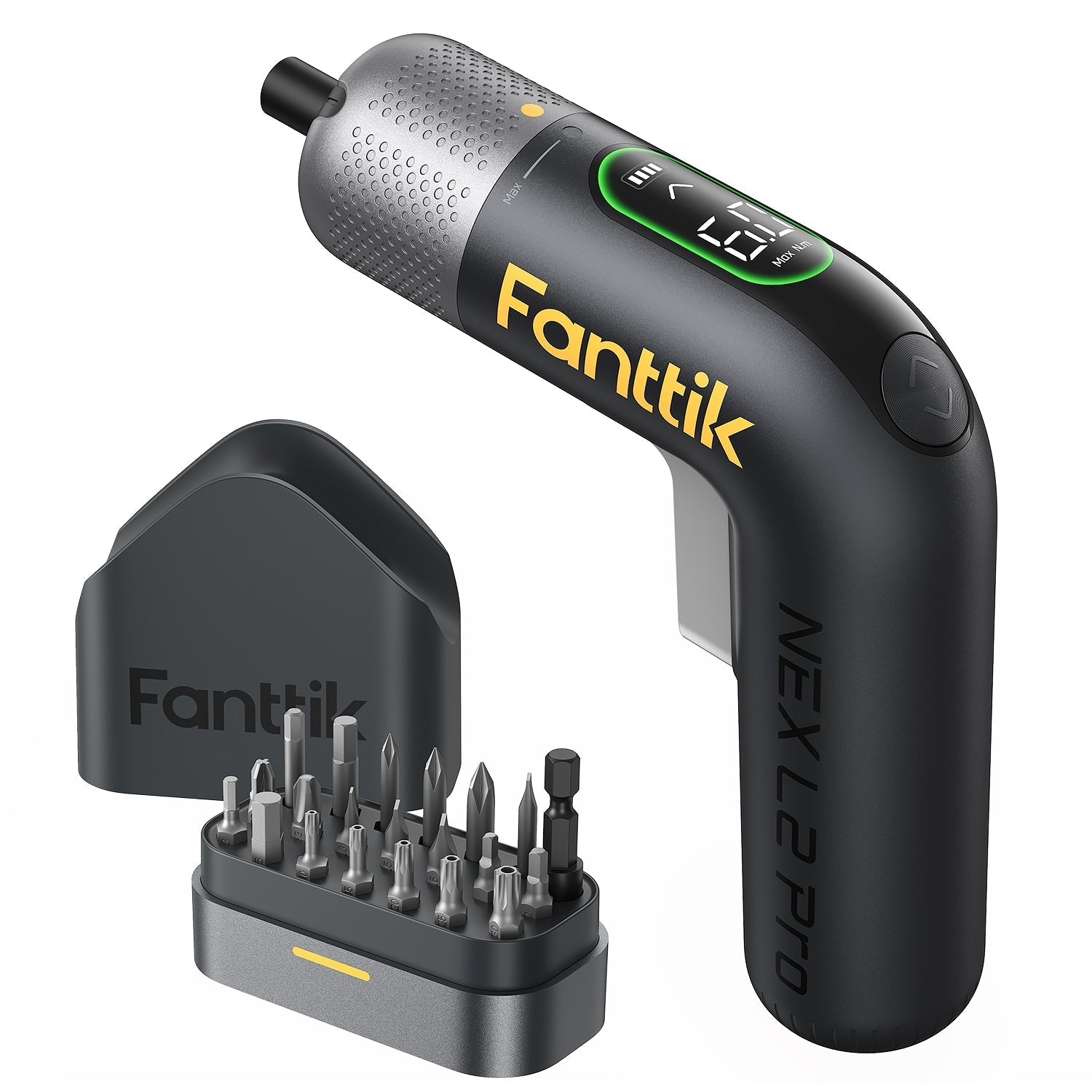 Fanttik L2 Pro cordless electric screwdriver kit with 20 S2 bits and storage base.