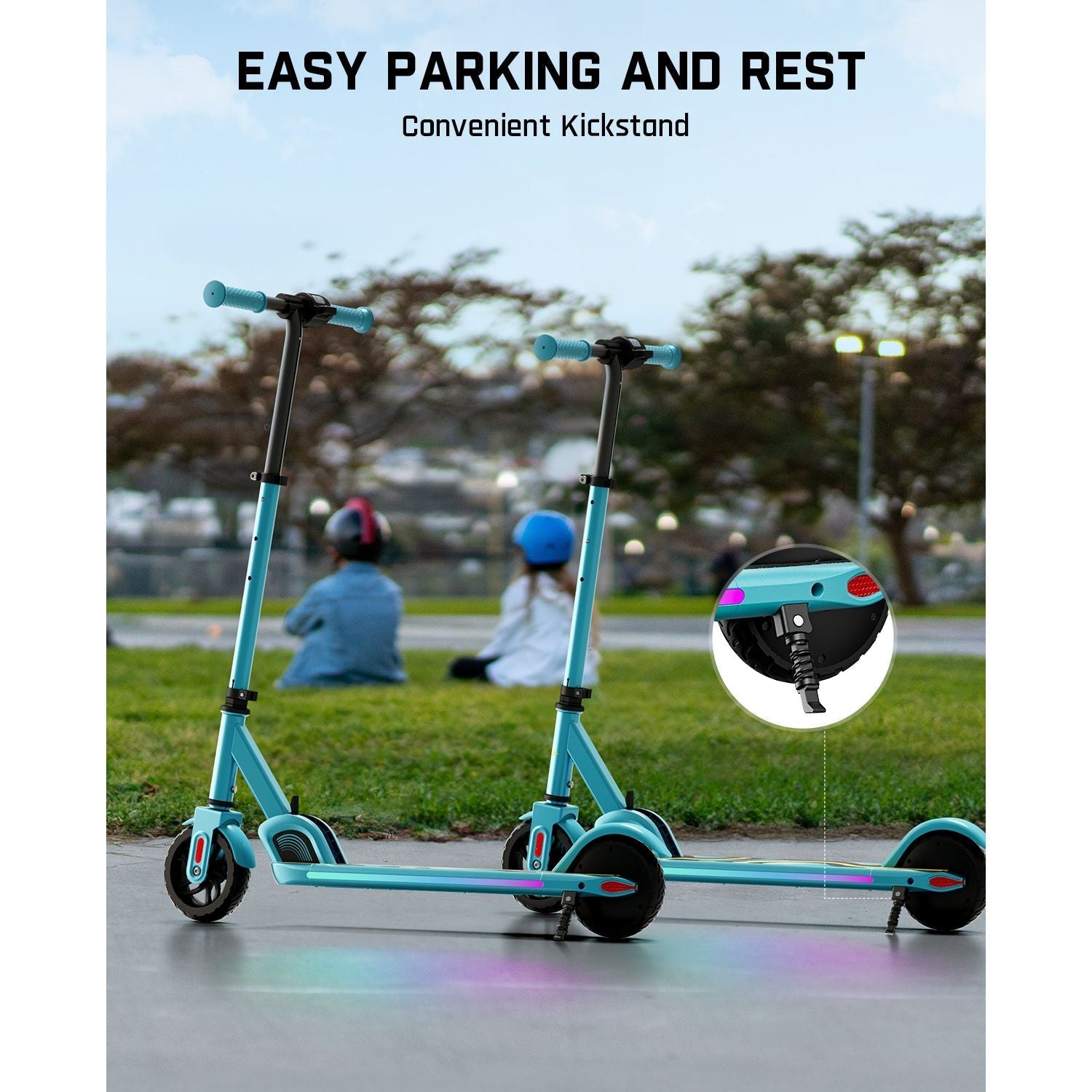 Blue FanttikRide C9 Pro kids electric scooter with kickstand for easy parking, colorful LED lights.