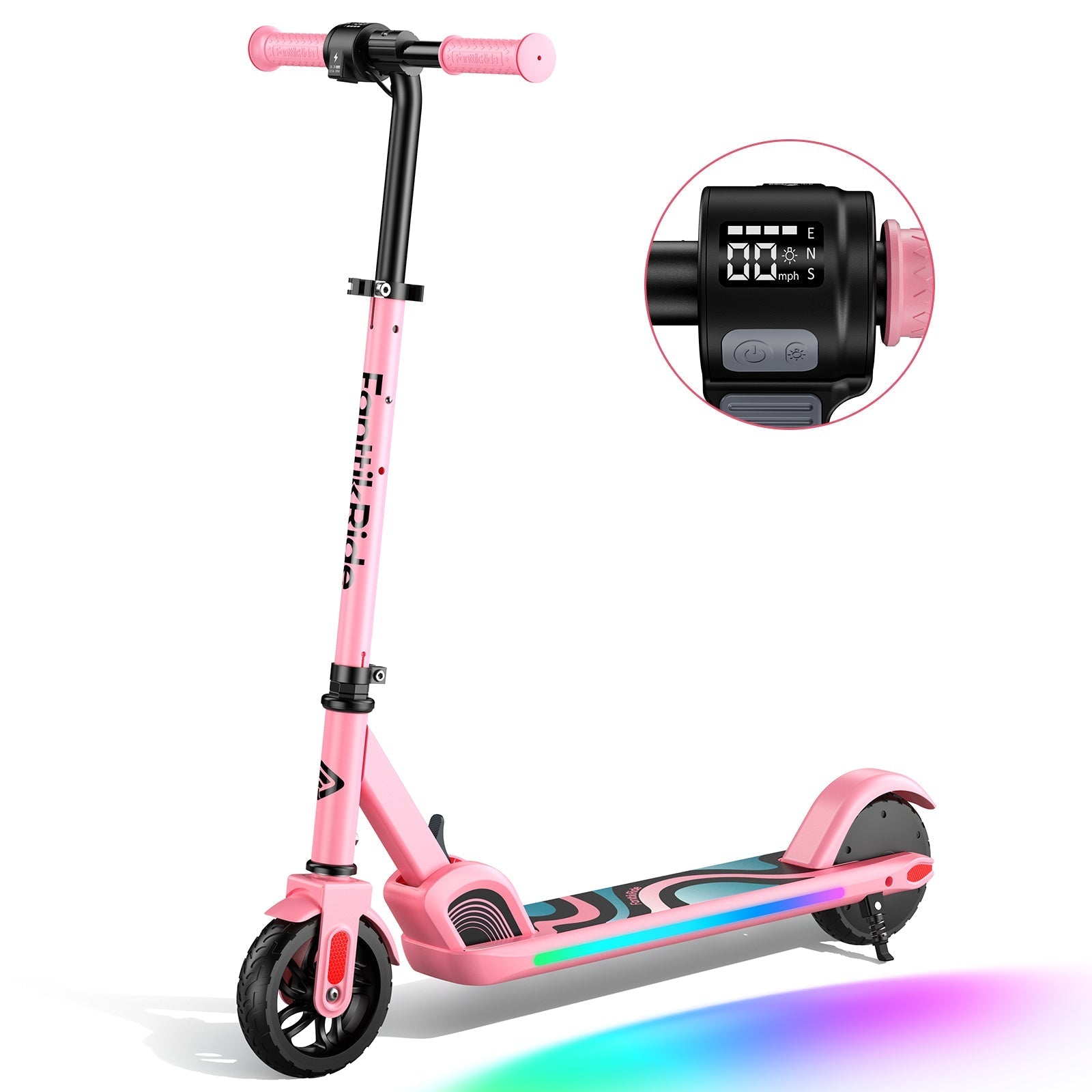 Pink FanttikRide C9 Pro electric scooter for kids with LED lights and digital display.