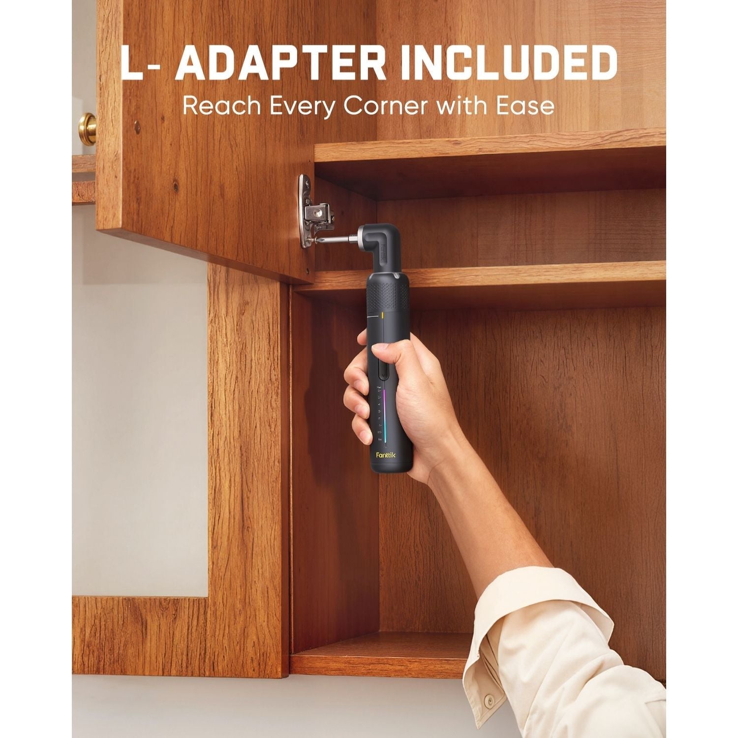 Fanttik S2 Pro Max cordless electric screwdriver with L-adapter reaching cabinet hinges