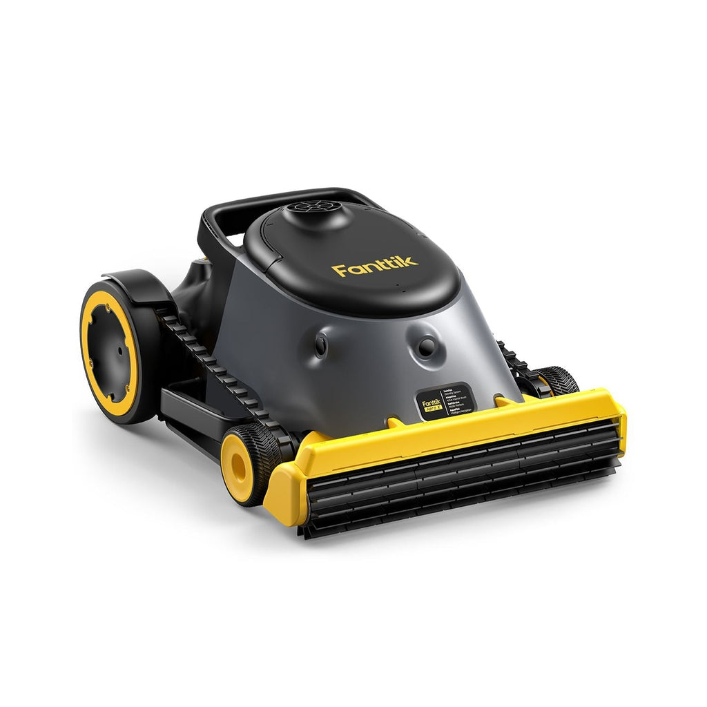 Fanttik Aero X cordless robotic pool cleaner with yellow accents and dual tracks for efficient pool cleaning.