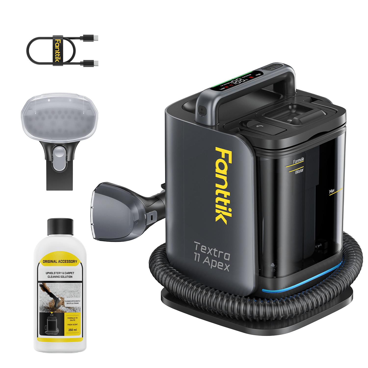 Fanttik Textra 11 Apex cordless carpet cleaner with hose, brush head, and cleaning solution