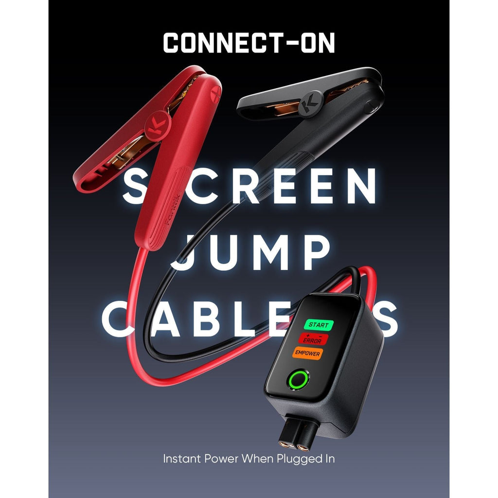 Fanttik Potent T10 1800 Amp jump starter cables with screen, indicator lights (START, ERROR, EMPOWER), and 'Instant Power When Plugged In' text.