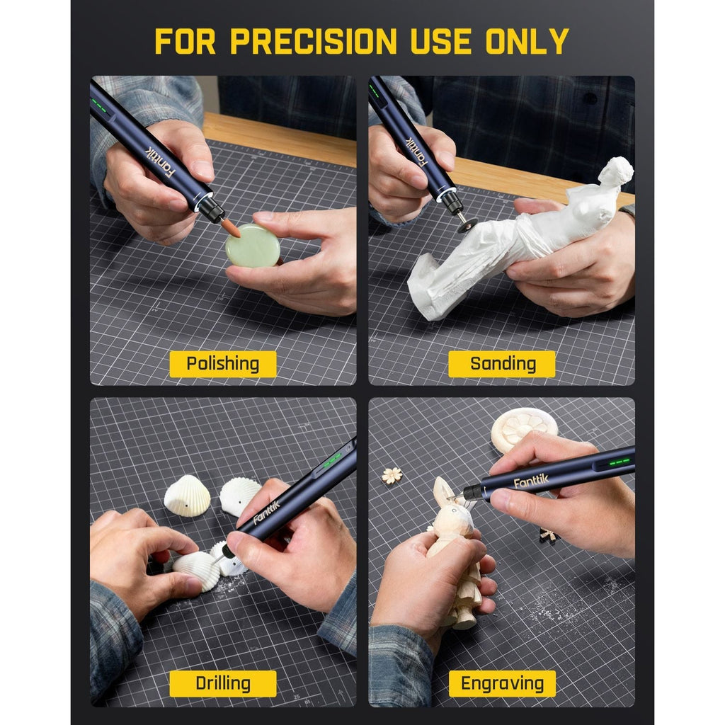 Set of Fanttik F2 Master Mini Cordless Rotary Tool Kit 4V -Blue being used for polishing, sanding, drilling, and engraving on a grid layout.