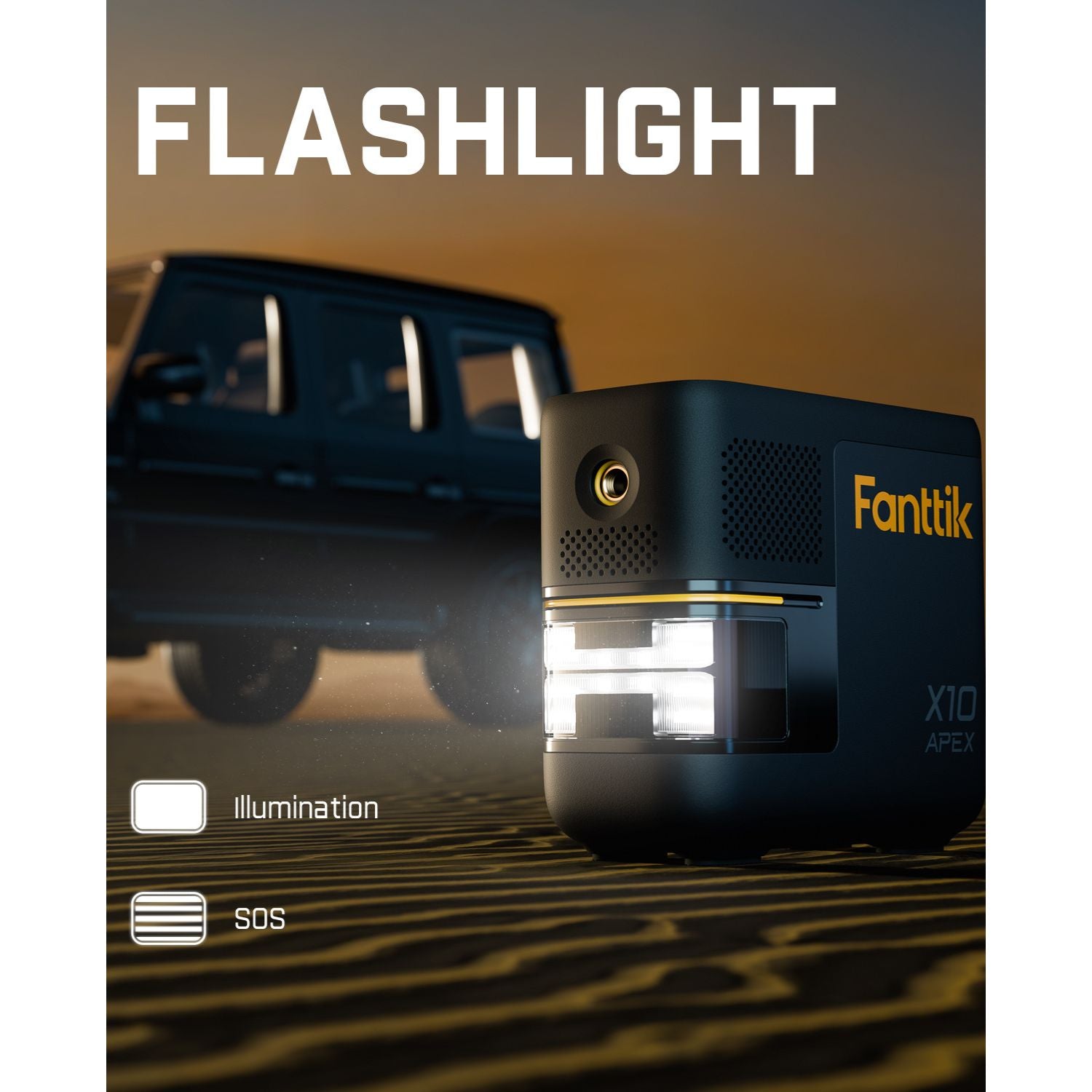 Fanttik X10 APEX tire inflator with flashlight and SOS features on desert sand, with a vehicle in background.