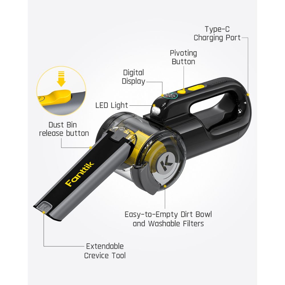 Fanttik V10 Apex car vacuum with digital display, LED light, and extendable crevice tool.