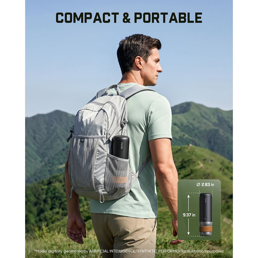 Man with a backpack and a Fanttik Cafein 11 Portable Coffee Machine, with mountains in the background