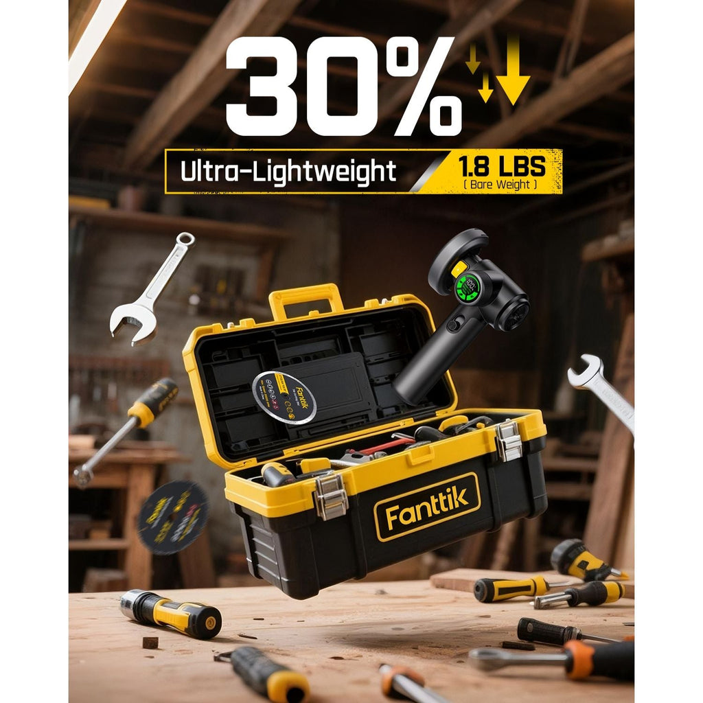 Fanttik M10 ACE cordless angle grinder with tool chest, emphasizing 30% off and ultra-lightweight 1.8 lbs design.