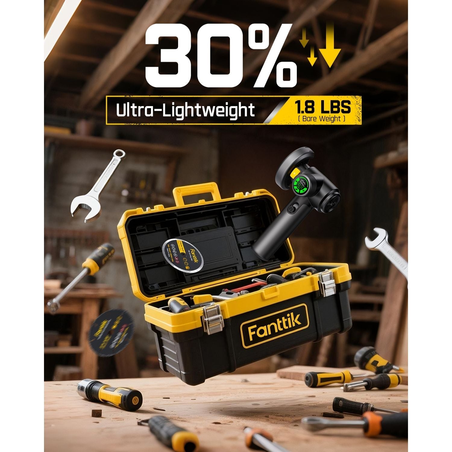 Fanttik M10 ACE cordless angle grinder with tool chest, emphasizing 30% off and ultra-lightweight 1.8 lbs design.