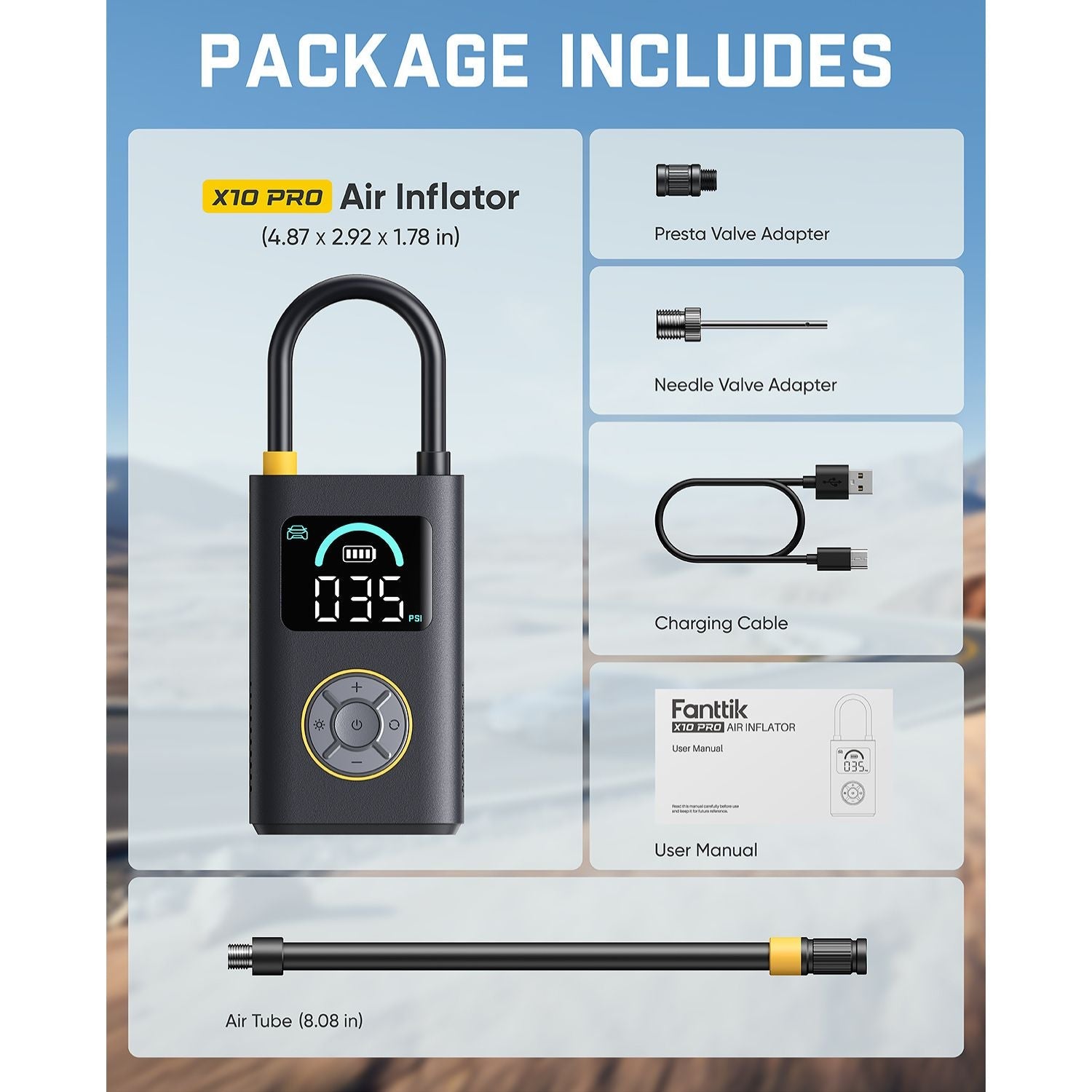 Fanttik X10 Pro tire inflator package includes air inflator, adapters, charging cable, manual, and air tube