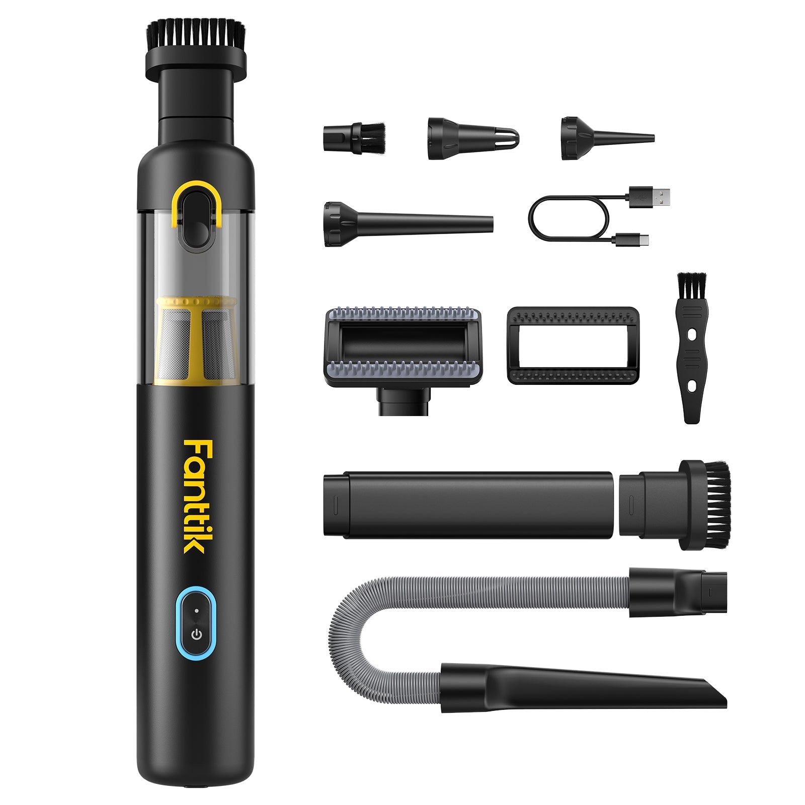 Fanttik Slim V8 Apex car vacuum with 10 accessories: nozzles, brushes, hose, and USB-C cable.
