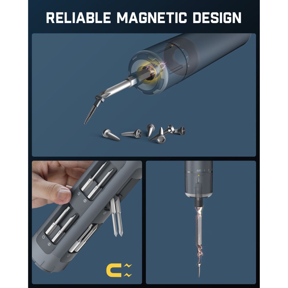 Fanttik S1 Pro electric screwdriver with magnetic design, showing bit case and screw attachment. Text: RELIABLE MAGNETIC DESIGN.