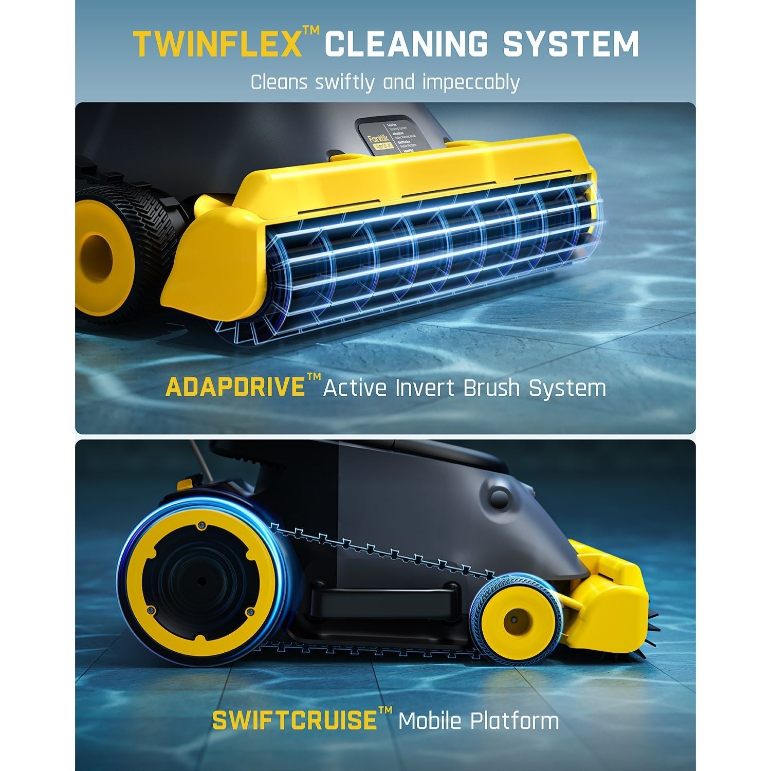 Fanttik Aero X robotic pool cleaner with TwinFlex cleaning system, AdapDrive brush, and SwiftCruise mobile platform.