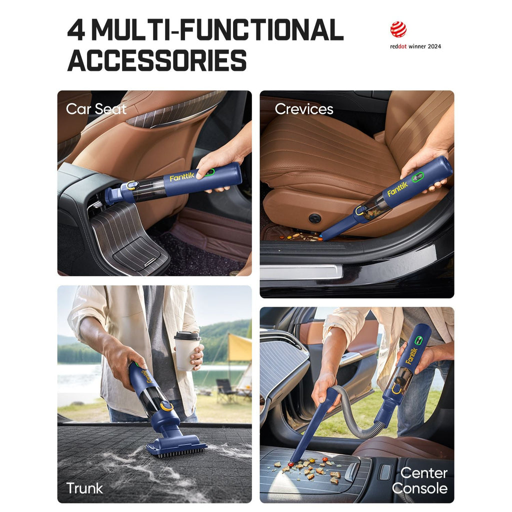 Fanttik V8 Mate cordless car vacuum with 4 accessories for seats, crevices, trunk and console