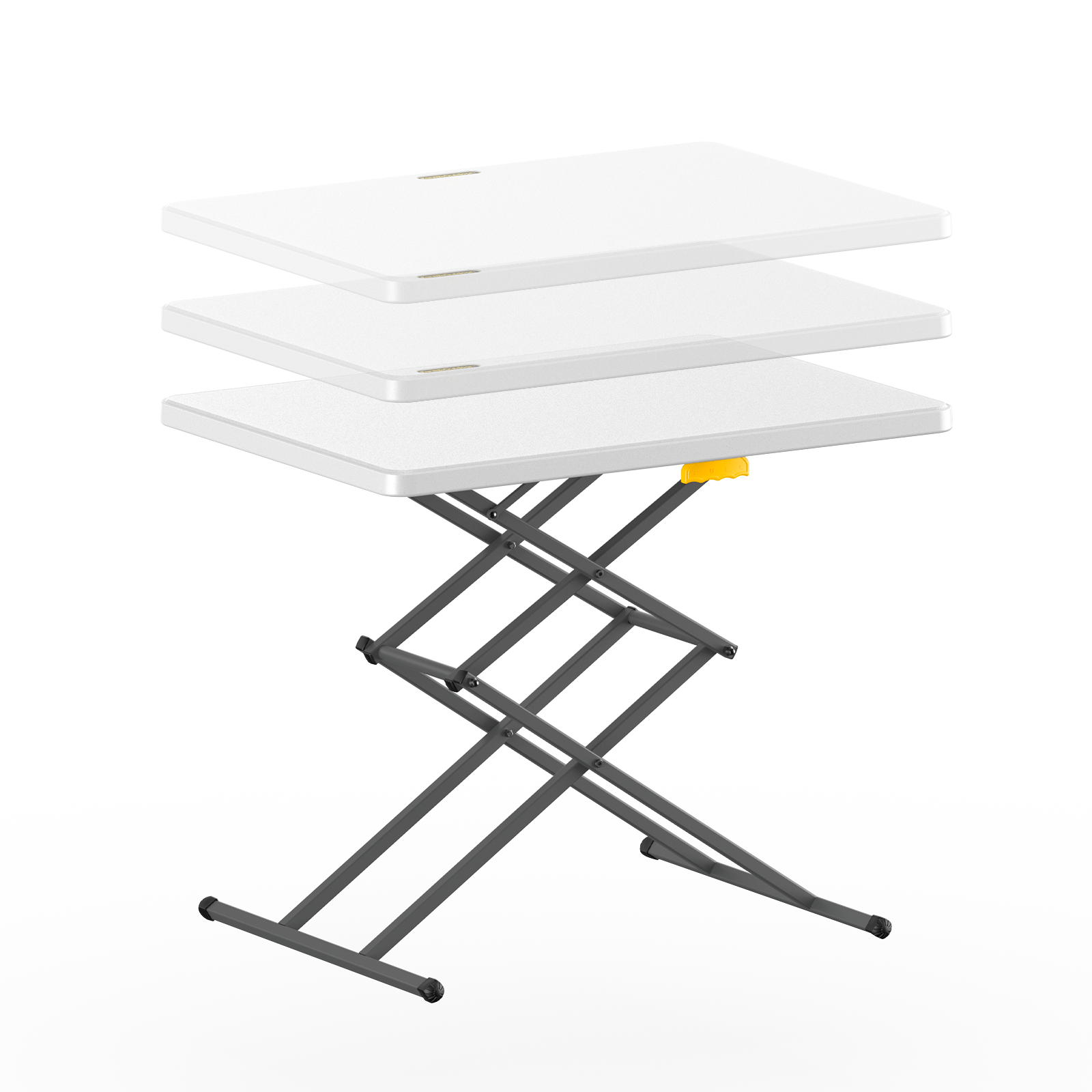 FanttikOutdoor Zeta X1 Apex 28" folding table shown at three different heights, with a yellow lever for adjustment.