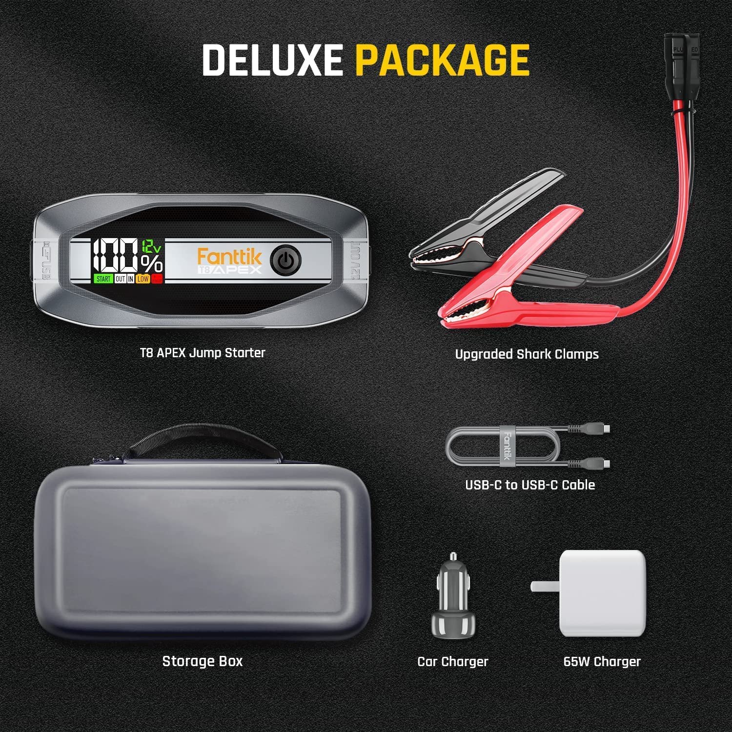 Fanttik T8 APEX Jump Starter Deluxe Package: Jump starter, clamps, storage box, USB-C cable, car charger, 65W charger.