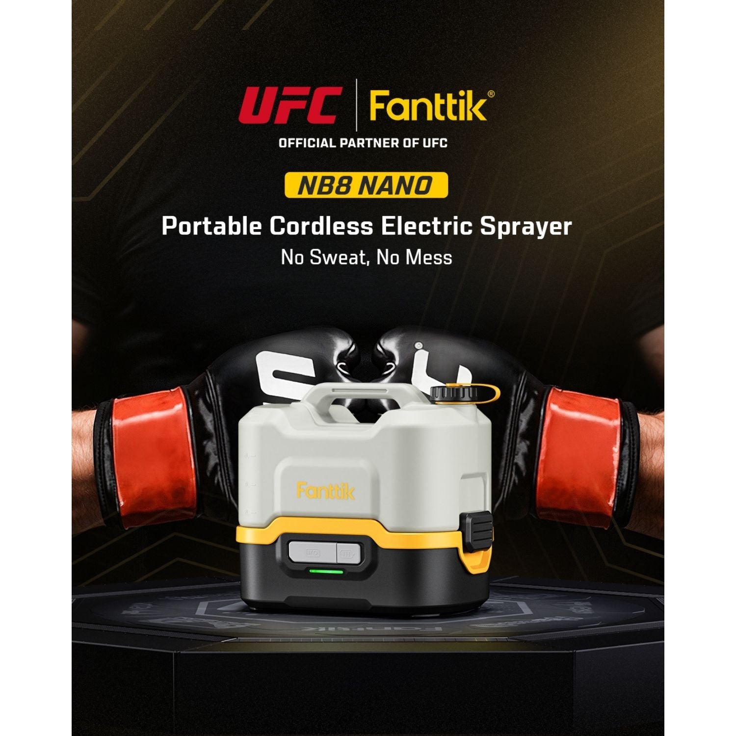Fanttik NB8 Nano portable cordless electric sprayer with UFC branding, white and yellow design.