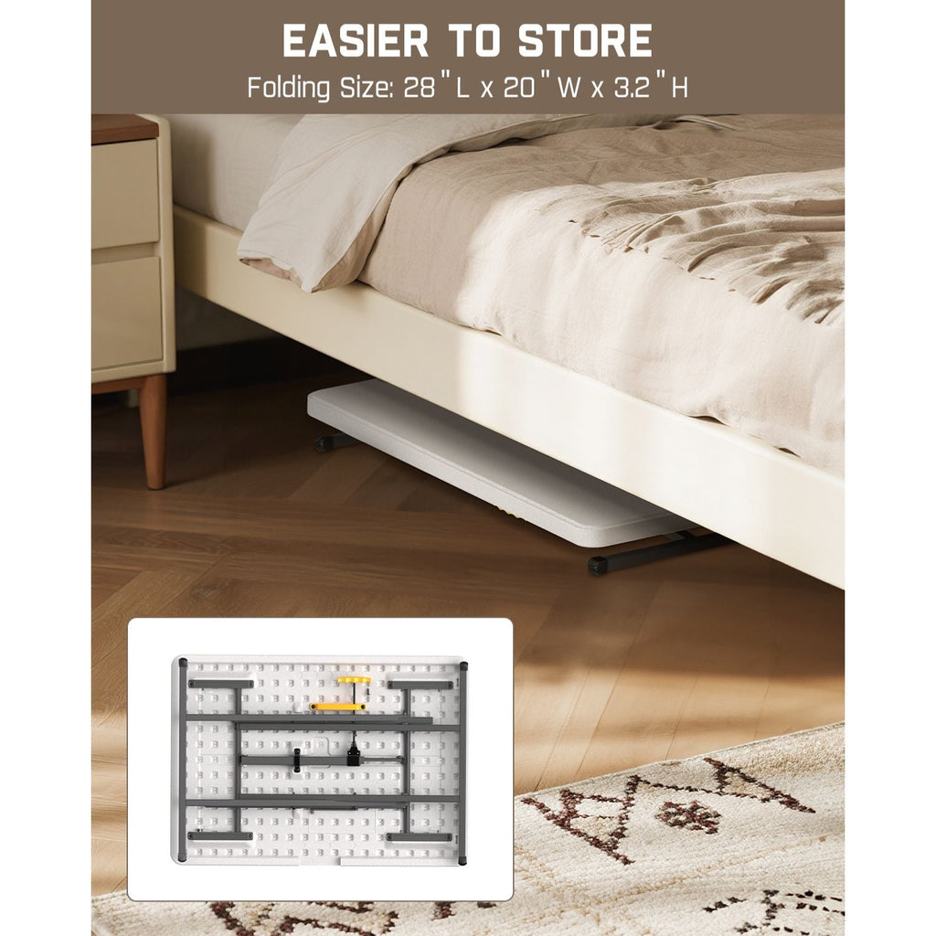 FanttikOutdoor Zeta X1 Apex 28" folding table stored compactly under a bed, measuring 28" L x 20" W x 3.2" H when folded.