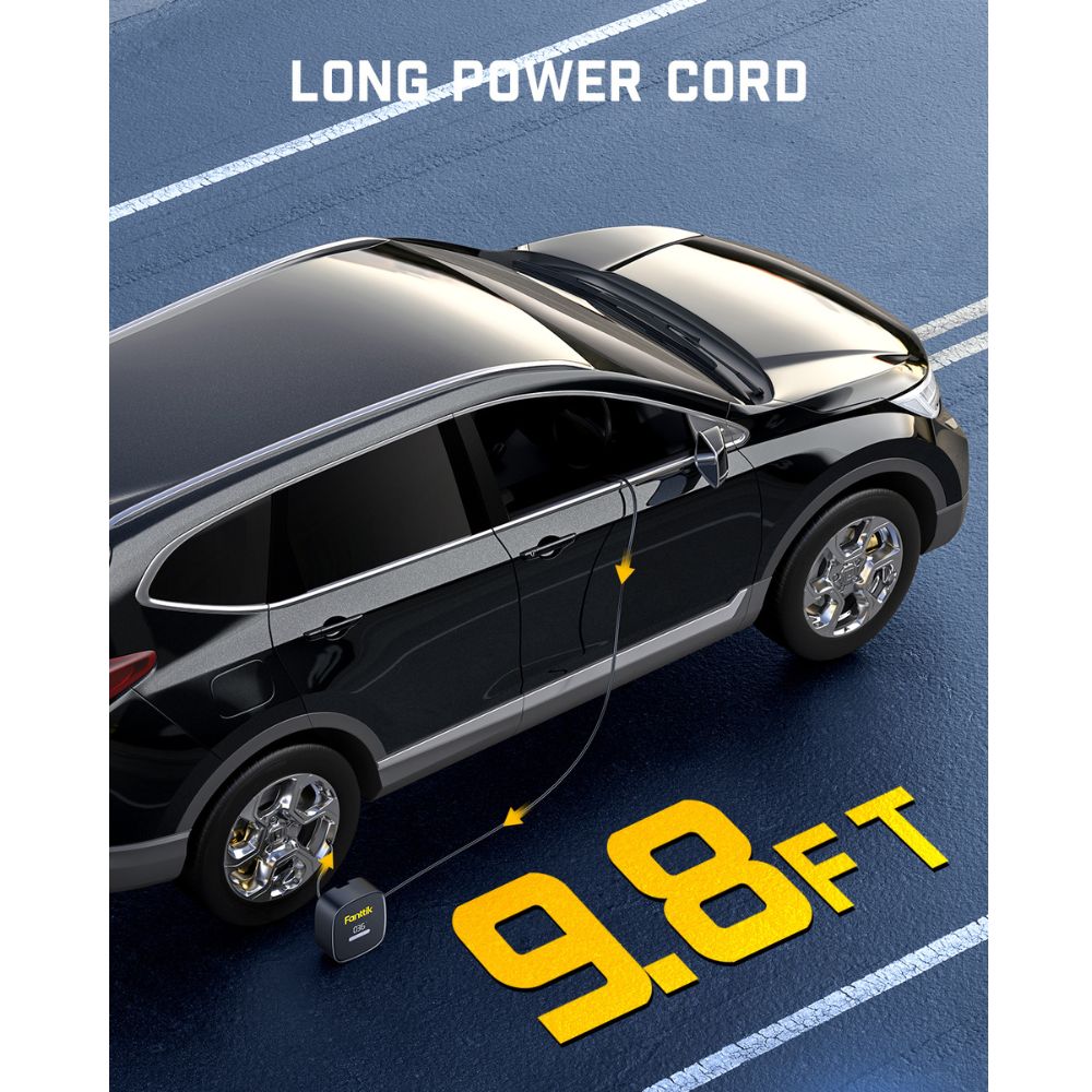 Fanttik X9 SE tire inflator with its 9.8ft long power cord plugged into a black car.