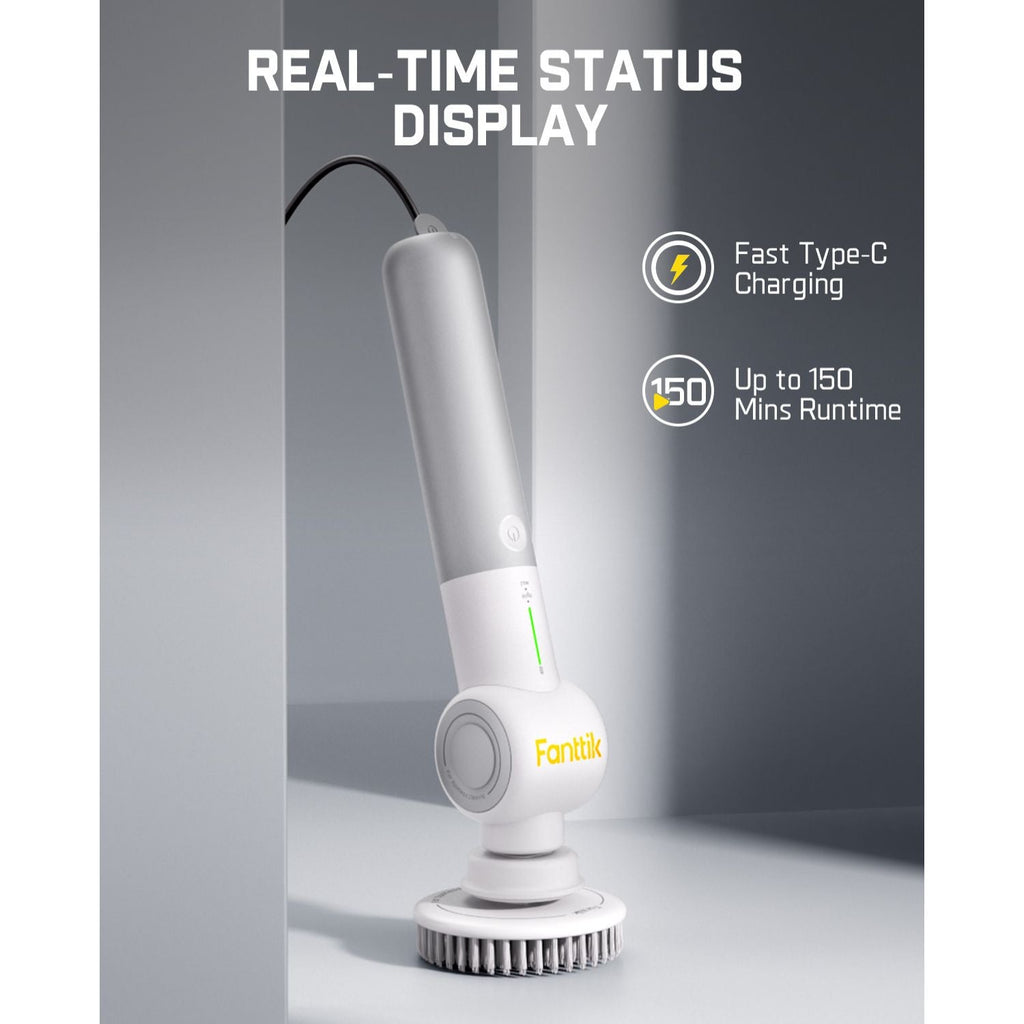 Fanttik G9 Pro electric scrubber with real-time status display, showing fast Type-C charging and up to 150 mins runtime.