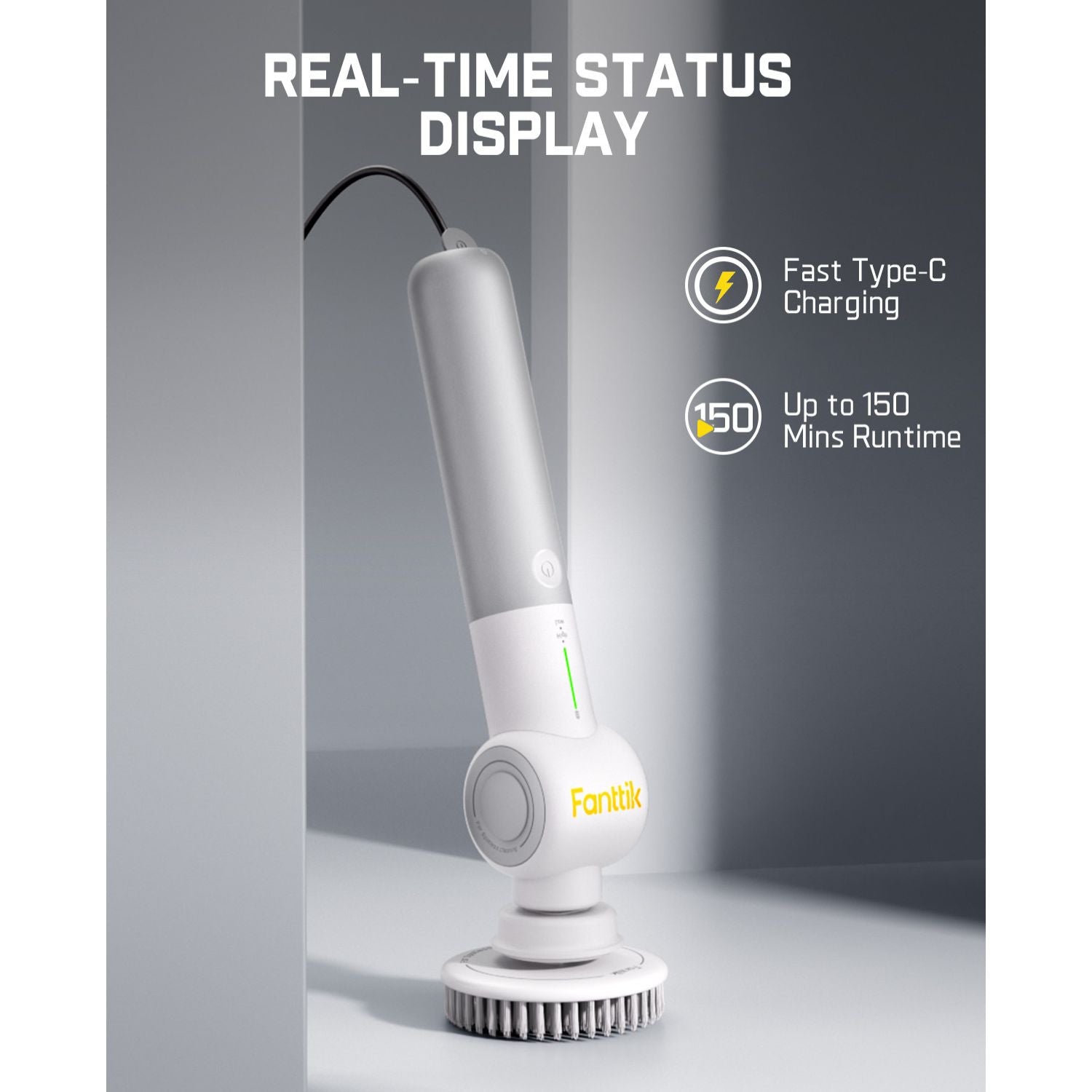 Fanttik G9 Pro electric scrubber with real-time status display, showing fast Type-C charging and up to 150 mins runtime.