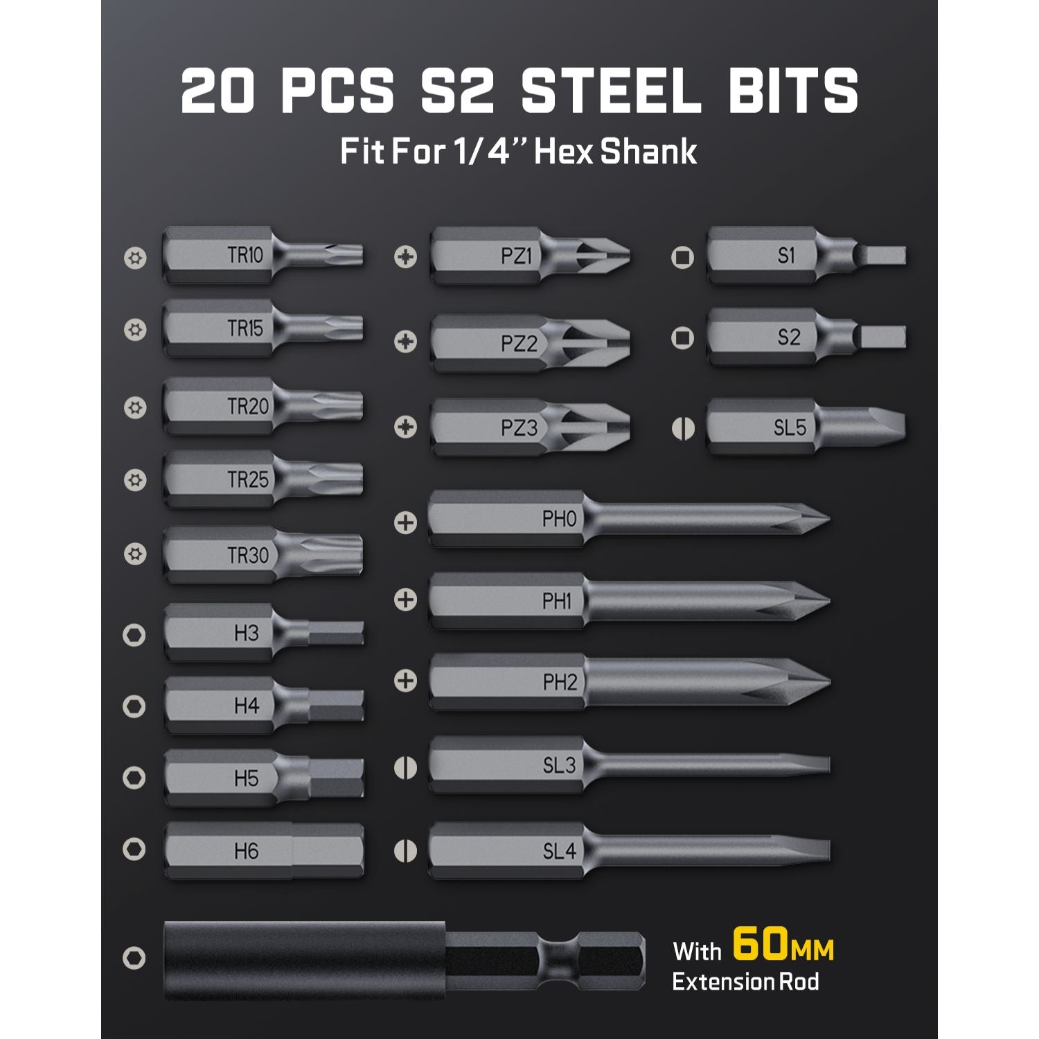 Fanttik S2 Pro: 20 S2 steel bits (Torx, Hex, Phillips, Slotted) with 1/4" hex shank and 60mm extension rod.